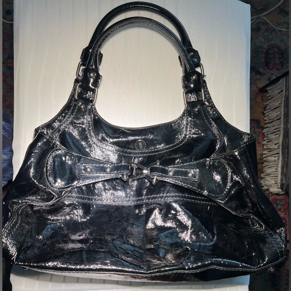 Givenchy Patent Shoulder Hobo-style tote. Black patent with silver hardware.